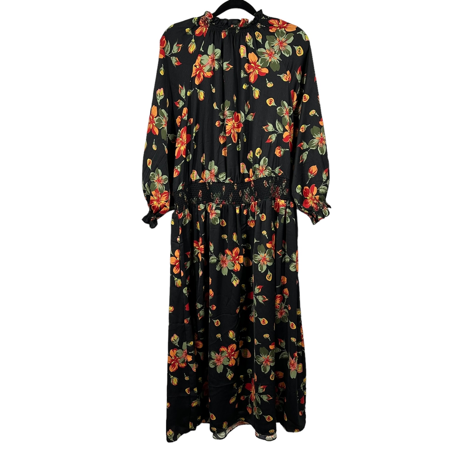 Terra & Sky 14w Boho Floral Midi Dress Nwt Black Tassel Romantic Smocked — image 5 of 7